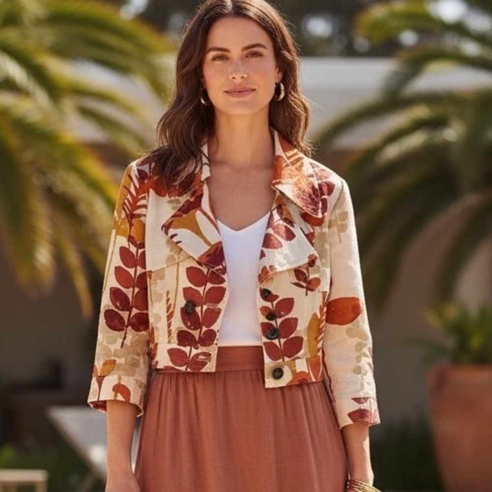 Laundry by Shelli Segal Linen Blend Cropped Jacket Botanical Leaf Print Size 2